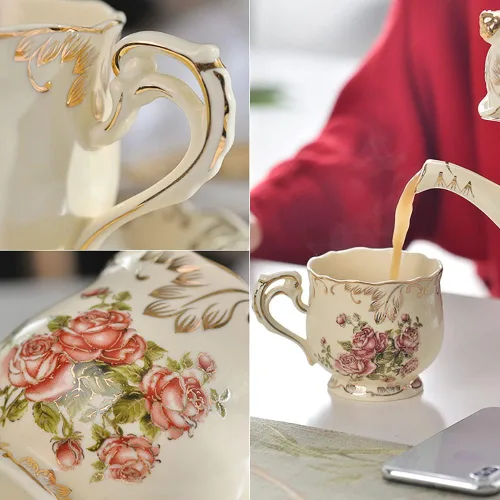 Miniatura 6 de Tazas de té y platillos (rosa, 8 onzas), juego de tazas y platillos florales con cuchara, tazas de té vintage, juego de té de porcelana