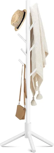 Haddockway- Perchero de madera de pino de Nueva Zelanda con 8 ganchos; 3 patas, ajustable, fácil montaje; para abrigos, sombreros, bufandas y Blanco