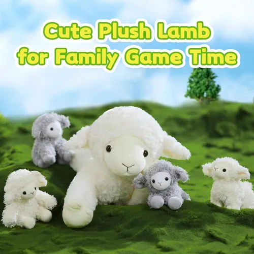 Miniatura 5 de Tezituor Juego de 5 Animales de Peluche de Cordero, Peluche Grande de Oveja Mamá de 20 Pulgadas con 4 Lindos Bebés Cordero, Almohada de Felpa