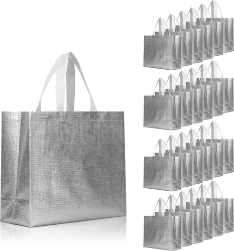 Miniatura 13 de cabzymx 16 bolsas de regalo reutilizables rosadas, bolsa de regalo de vacaciones con diseño metálico brillante con asas y bases, bolsa de regalos