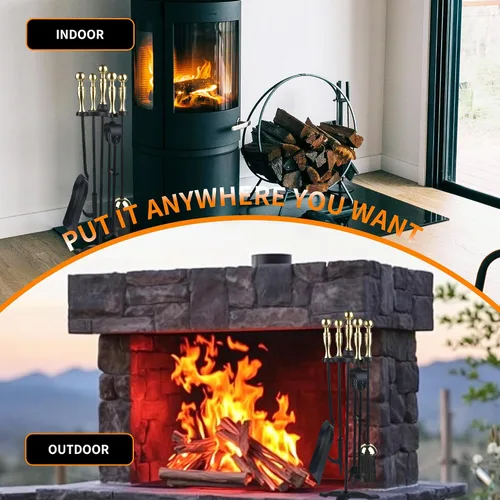 Miniatura 6 de Juego de herramientas para chimenea de 5 piezas con soporte, kit de herramientas de hierro forjado con póster, pinzas, pala, cepillo y base