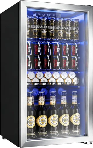 Miniatura 10 de Manastin Refrigerador de bebidas, refrigerador independiente para 120 latas con puerta de vidrio, estantes ajustables y pantalla digital de Negro