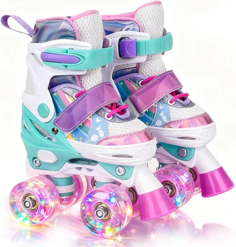 Miniatura 8 de Patines de Cuatro Ruedas para Niños de 5 6 8 12 Años 4 Tallas Ajustables Patines Quad para Niñas Niños Pequeños con Ruedas que se Iluminan Mejor