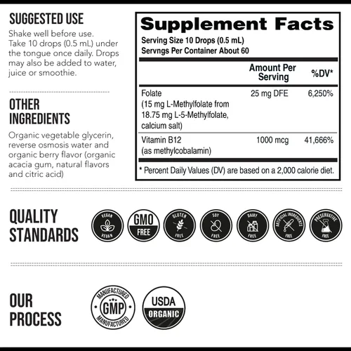 Miniatura 6 de L Metilfolato 15mg Plus Metil B12 Cofactor – Sabor a Bayas Orgánico, Alta Potencia Líquida Sublingual Forma Activa 5-MTHF - Apoya el Estado