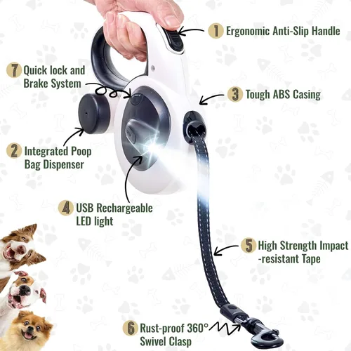 Miniatura 3 de Correa retráctil para perro de 16 pies 4 en 1 con luz LED, dispensador, bolsas para excrementos, freno de bloqueo rápido y mango antideslizante