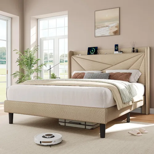 Miniatura 8 de iPormis Base de cama tamaño Queen con estación de carga, marco de cama de plataforma de lino con cabecera tapizada con respaldo de ala, soporte