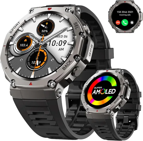 Reloj inteligente militar para hombre, 1.43 pulgadas, AMOLED GPS, 5ATM, impermeable, resistente, rastreador de actividad física con brújula de