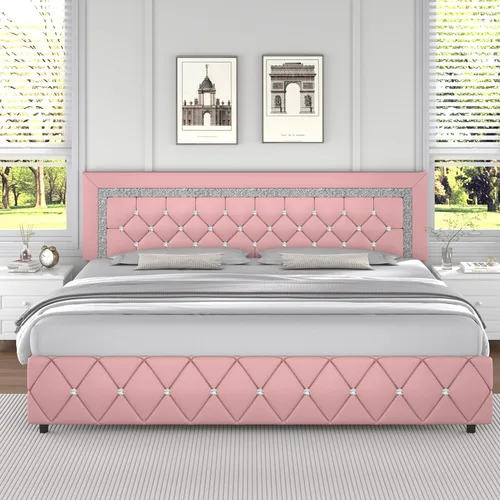 Miniatura 12 de Base de cama individual, plataforma de piel sintética con cabecera tapizada de diamante, base de colchón con fuerte soporte de listones de madera