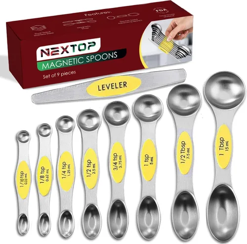 Miniatura 9 de Juego de 9 cucharas medidoras magnéticas de acero inoxidable, apilables, de doble cara, cucharas medidoras para medir ingredientes secos y líquidos