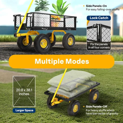 Miniatura 5 de VIVOHOME Carrito de jardín de acero de malla de alta resistencia de 880 libras de capacidad, vagón utilitario plegable con lados extraíbles y ruedas
