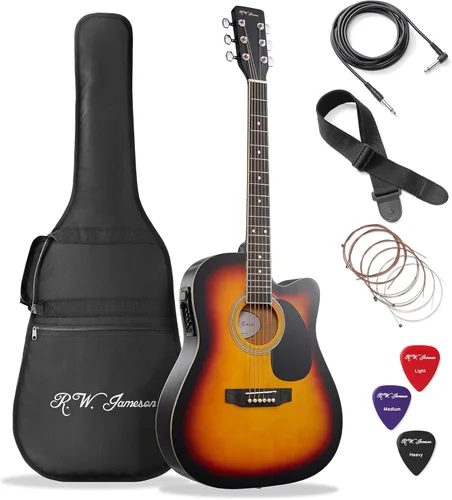 Miniatura 15 de Jameson Guitars - Guitarra eléctrica acústica de tamaño completo Thinline con funda y púas Natural para diestros