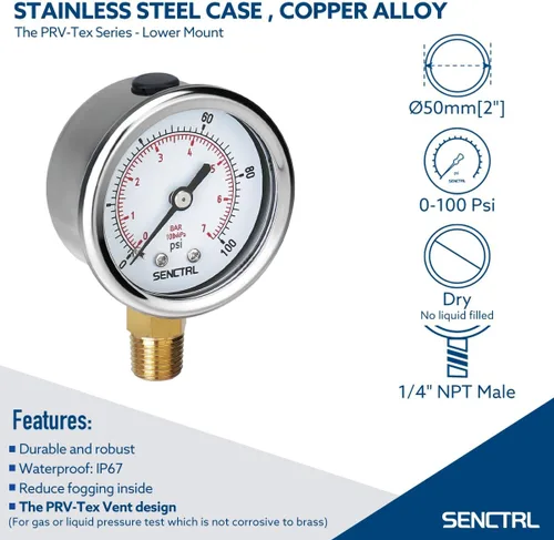 Miniatura 2 de SENCTRL - Medidor de presión de vacío de 30inHg, esfera de 2", NPT de 1/8, montaje inferior, estuche de acero inoxidable, resistente al agua