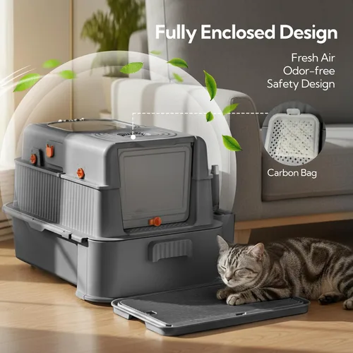 Miniatura 5 de Soulbond Caja de arena de acero inoxidable para gatos con tapa, caja de arena de metal grande cerrada con cajón y puerta abatible para gatos