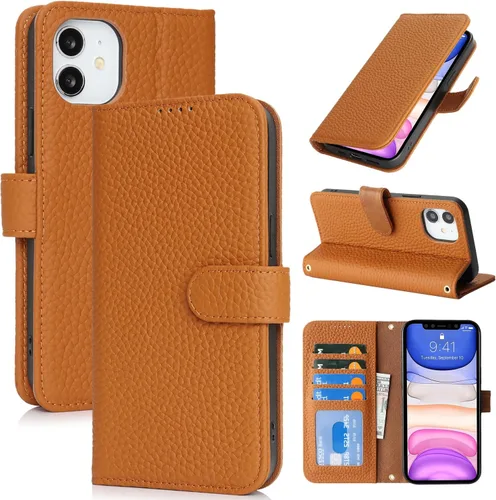 Zouzt Funda para iPhone 11 de 6.1 pulgadas de piel auténtica con 4 ranuras para tarjetas, tarjetero con bloqueo RFID, tapa magnética, función atril,