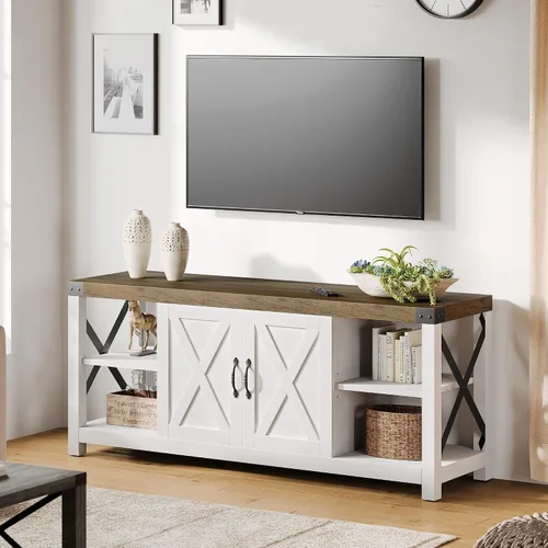 IDEALHOUSE Soporte de TV blanco de 59 pulgadas para TV de hasta 65 pulgadas, gabinete de TV de madera de granja, centro de entretenimiento con