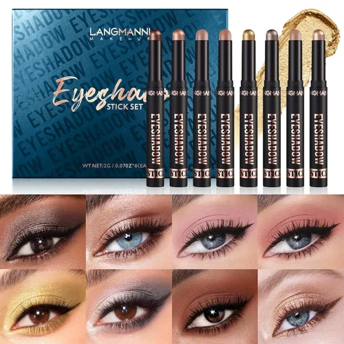 Miniatura 2 de Barra de sombra de ojos, 8 piezas de sombra de ojos en barra suave y lisa, color tierra mate + contorno de color de metal brillante, impermeable