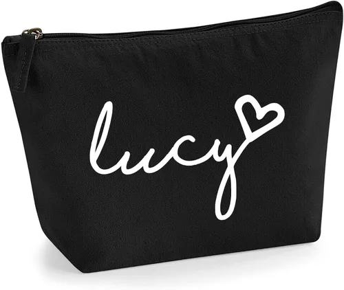 Miniatura 8 de Bolsa de accesorios de maquillaje con iniciales de nombre escritas a mano personalizadas en color negro con purpurina o textura de flocado