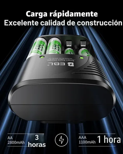 Miniatura 2 de EBL Cargador de batería de 4 bahías para baterías recargables AA y AAA con baterías recargables AA NiMh, 4 unidades, cargador de batería con enchufe