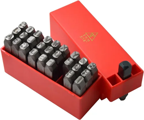 Miniatura 51 de Juego de 27 sellos de acero resistente con letras mayúsculas de 3/64" 1mm, kit de punzones de alfabeto para estampado a mano de caracteres, código