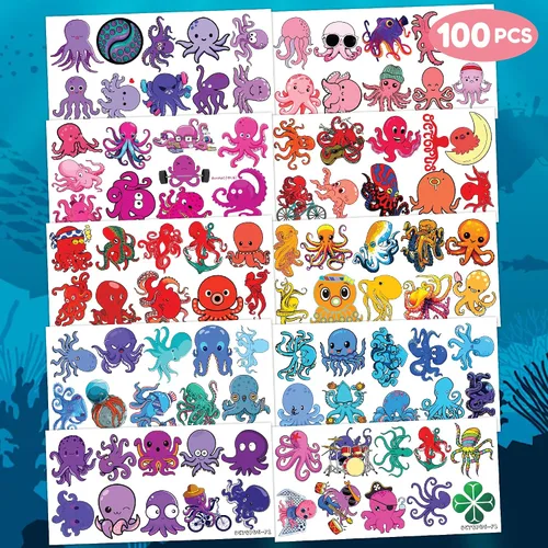 Miniatura 5 de 100 piezas temáticas de pulpo, regalos de fiesta de cumpleaños, suministros de decoración, pulpo, océano bajo el mar, animales, tatuajes temporales