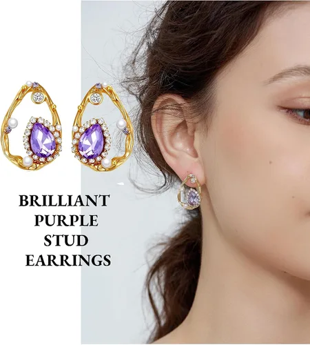 Miniatura 3 de Pendientes morados para mujer, aretes morados y dorados para mujer con circonita de amatista en forma de lágrima, perlas y pavés de cristal, aretes