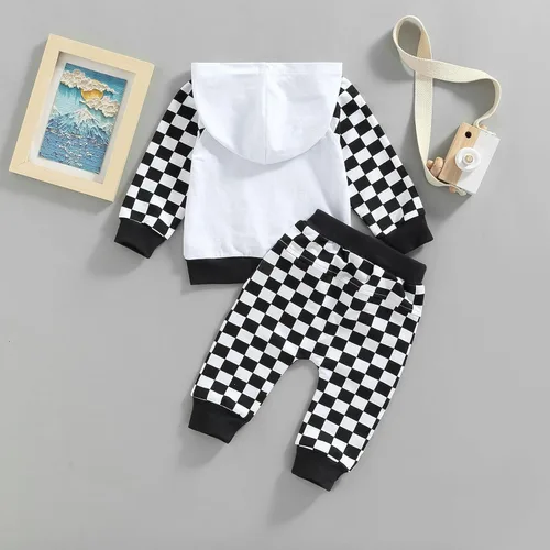 Miniatura 3 de Conjunto de 2 piezas de ropa de otoño e invierno con capucha a cuadros para niños y niñas
