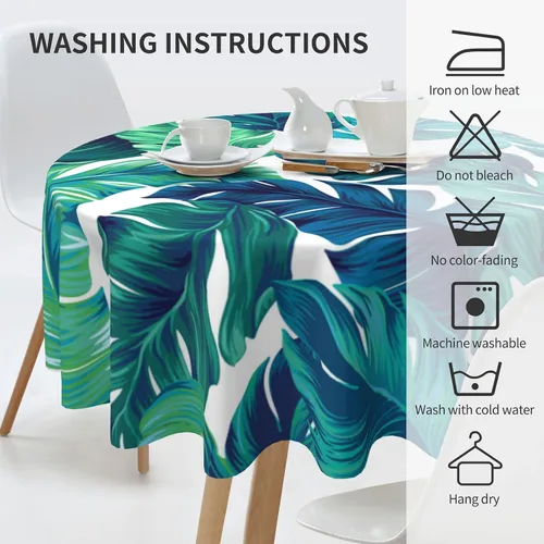 Miniatura 5 de Sweetshow Mantel Tropical Redondo de 60 Pulgadas para Verano Hoja de Palmera Hawaiana Verde Mantel Redondo de Poliéster Lavable Cubierta de Mesa