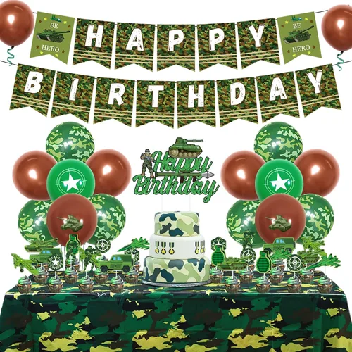 Decoraciones de fiesta de cumpleaños de camuflaje para niños, niñas y adultos, pancarta de camuflaje de feliz cumpleaños, mantel, globos de látex y