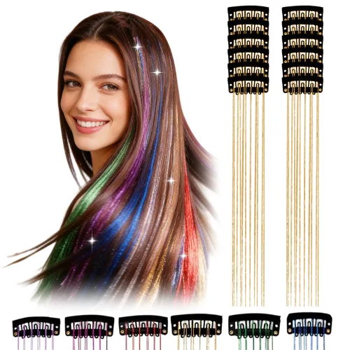 Miniatura 20 de 12 extensiones de cabello de oropel con clip, color champán, extensiones de cabello de oropel con clip, extensiones de cabello con purpurina