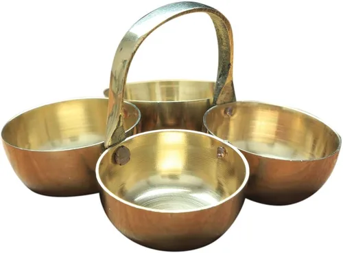 Miniatura 2 de Chowmukh Haldi Kumkum - Soporte de latón para oración Pooja, accesorios para boda, latón, pequeño, 4 tazones, Patra Roli, regalo de regreso