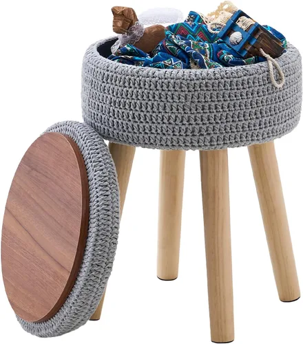Miniatura 8 de Wimarsbon Puf otomano, reposapiés bohemio de punto 100% algodón, reposapiés redondo con patas de madera antideslizantes, decoración del hogar, puf