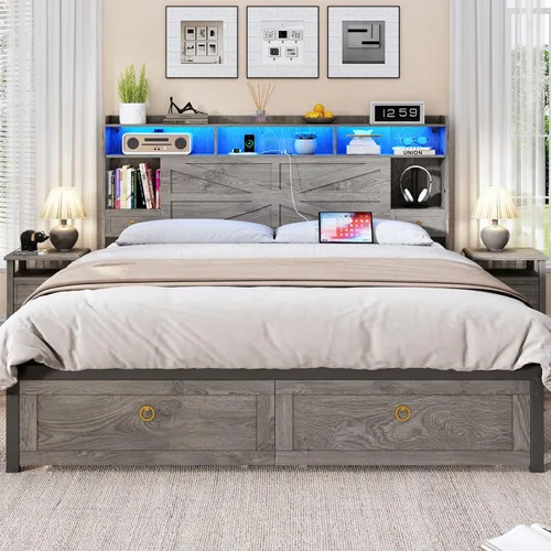 Miniatura 12 de TIGUBFRE Base de cama individual con cabecera de almacenamiento, marco de cama de madera de granja tamaño individual con 3 cajones, luz LED