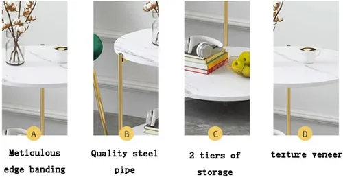 Miniatura 4 de Mesa de Centro - Mesa auxiliar redonda pequeña de 2 niveles con almacenamiento y patas en E de metal resistente, mesa circular moderna para sala