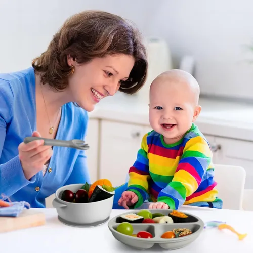 Miniatura 6 de CHENGU 12 piezas Juego de tazones de silicona con ventosa para bebé y niño pequeño con plato de succión, cuchara y tenedor, juego de utensilios