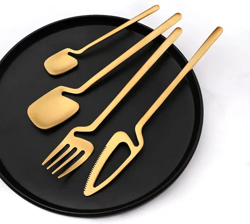 Miniatura 5 de Juego de cubiertos dorados mate, 20 piezas de cubiertos de acero inoxidable 304 colgantes para 4, juego de utensilios de cocina con acabado Oro