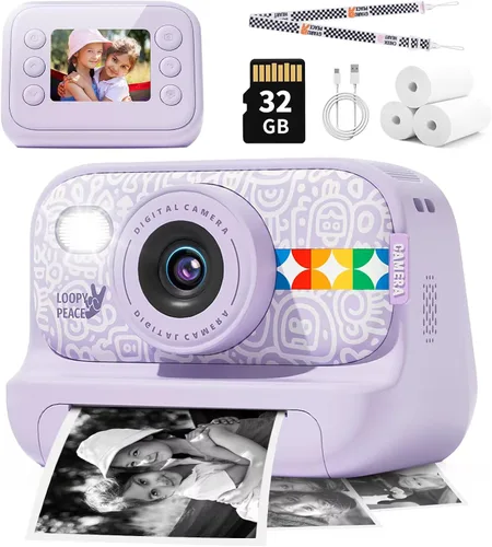Miniatura 10 de Cámara de impresión instantánea para niños con papel de impresión de 5 colores, foto de 48MP, video 1080P, 21 marcos divertidos, tarjeta de 32GB