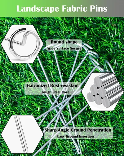 Miniatura 7 de 50 grapas de paisaje + 1 gancho de púa, estacas de tela de paisaje con parte superior circular, grapas de jardín galvanizadas de 6 pulgadas