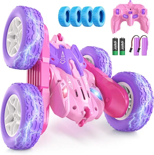 Miniatura 11 de Jimdella Auto de control remoto, autos RC con tira de luz lateral y faros, auto de acrobacias RC giratorio de doble cara de 360°, juguetes todo LED