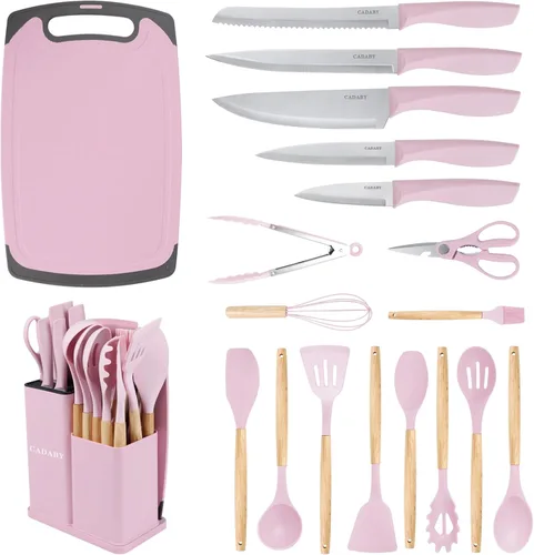 Juego de utensilios de cocina de 19 piezas, 11 piezas de utensilios de cocina de silicona, juego de 6 cuchillos afilados de acero inoxidable rosa