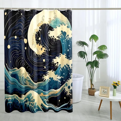 Miniatura 21 de Cortina de ducha japonesa Fuji Mountain de cerezo asiático, cortina de ducha con diseño de anime, decoración de baño, tela de poliéster, 62 x 72 Azul