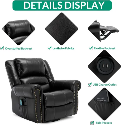 Miniatura 6 de VIVIJASON Silla reclinable giratoria de masaje con calor y vibración, silla reclinable manual giratoria de 360° con control remoto, bolsillos