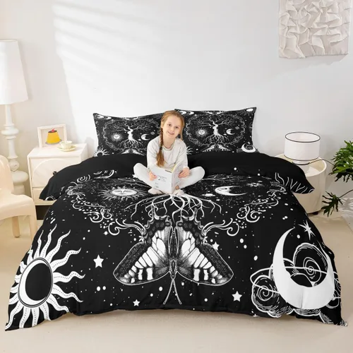 Miniatura 37 de Erosebridal Juego de ropa de cama bohemio con sol y luna, funda de edredón hippie de 3 piezas, colorida funda de edredón teñida anudada, funda