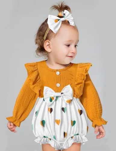 Miniatura 3 de Ropa de bebé niña con volantes de manga larga de algodón y lino con botón + diadema 2 piezas de otoño para bebé niña