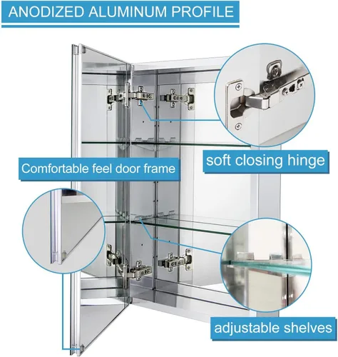 Miniatura 6 de Fundin Botiquín de aluminio para baño con puerta de espejo de doble cara sin marco, 15 pulgadas x 24 pulgadas, montaje en superficie o empotrado