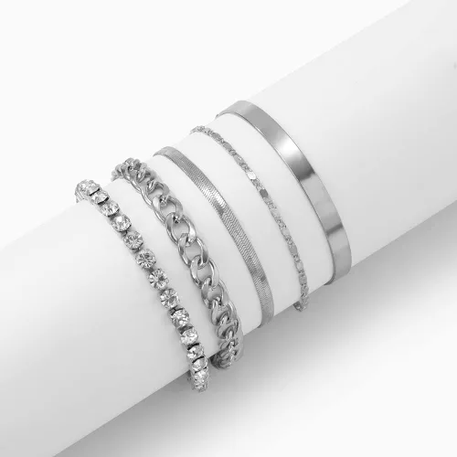 Miniatura 4 de fxmimior Juego de 5 pulseras apilables de cadena dorada y plata con diamantes de imitación para mujer, con cuentas ajustables, cadena de cable plano