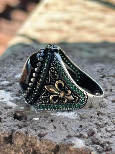 Miniatura 4 de Silver Handmade Ring, Emerald Stone Ring, Silver Green Zircon Stone Ring, Engraved Silver Ring, Ottoman Style Ring, Gift For Him
