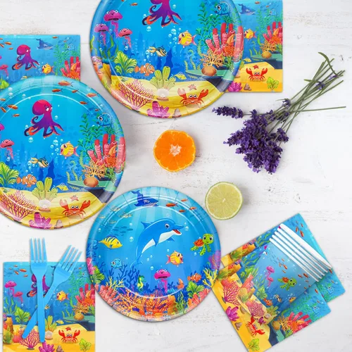 Miniatura 5 de 120 piezas Decoraciones de fiesta bajo el mar, juego de platos y servilletas para cumpleaños en tema de océano, juego de vajilla temática