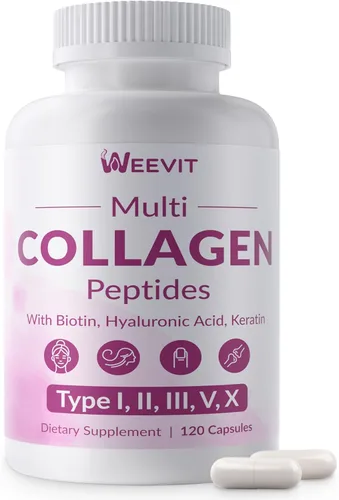 WEEVIT Péptidos de colágeno para mujeres, cápsulas de colágeno hidrolizado - Tipo I, II, III, V, X - 1500 mg de colágeno múltiple con biotina, ácido