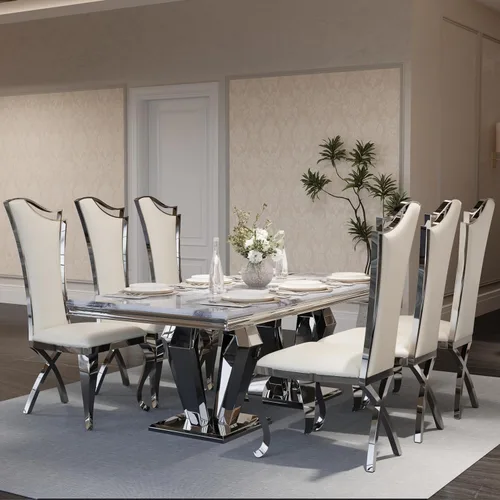 Miniatura 10 de ACEDÉCOR Juego de mesa de comedor para 4, mesa de comedor rectangular de 78 pulgadas con parte superior texturizada gris y base geométrica plateada