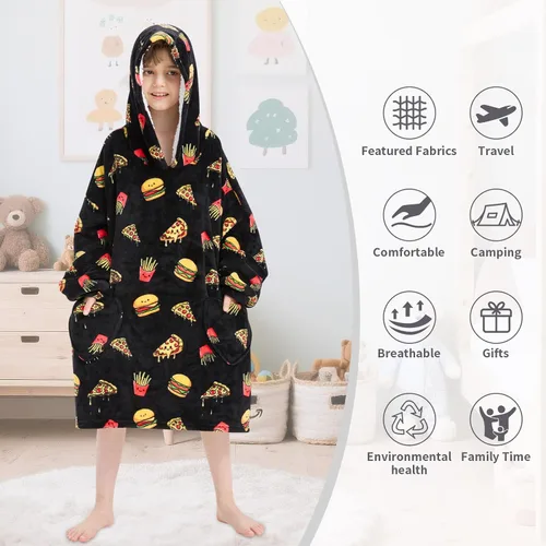 Miniatura 3 de Fiosnow Manta con capucha de pizza y papas fritas para niños de 6 a 13 años, manta de gran tamaño para niños, niñas y adolescentes